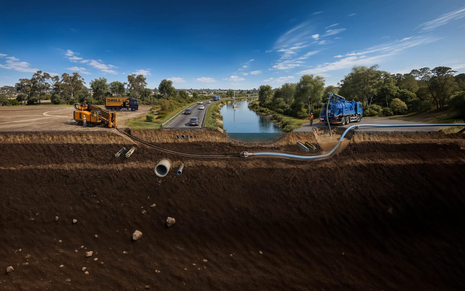 Illustration of a Horizontal Directional Drilling (HDD) crossing, with a DRILL rig installing pipelines and cables beneath a road and navigable canal